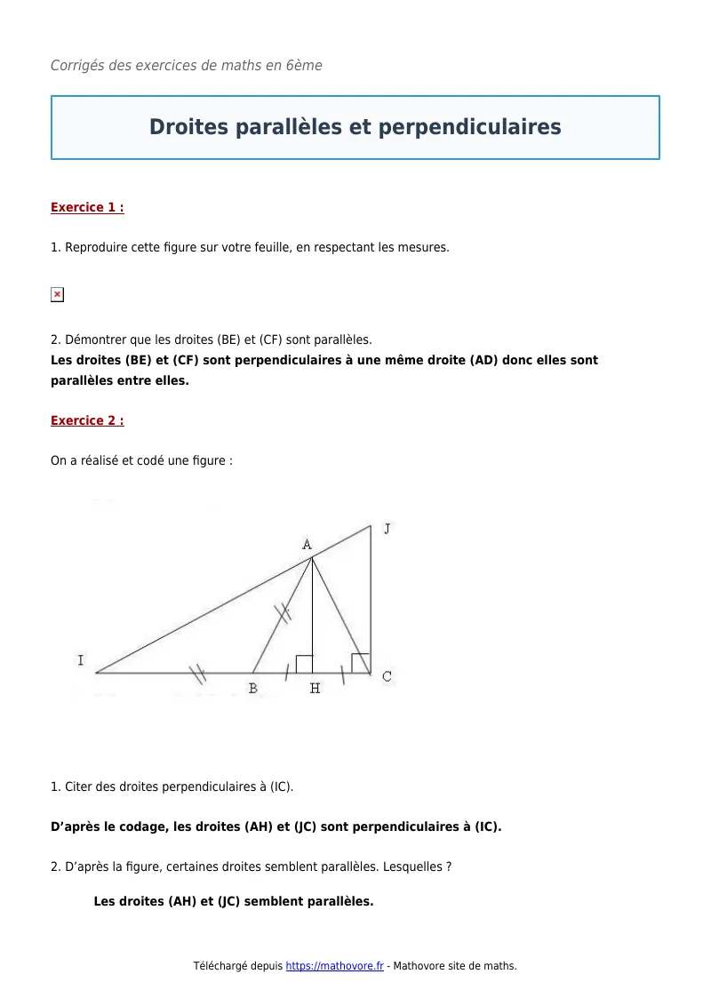 Exercices corrigés de maths en 6ème : Droites parallèles et perpendiculaires à imprimer en PDF