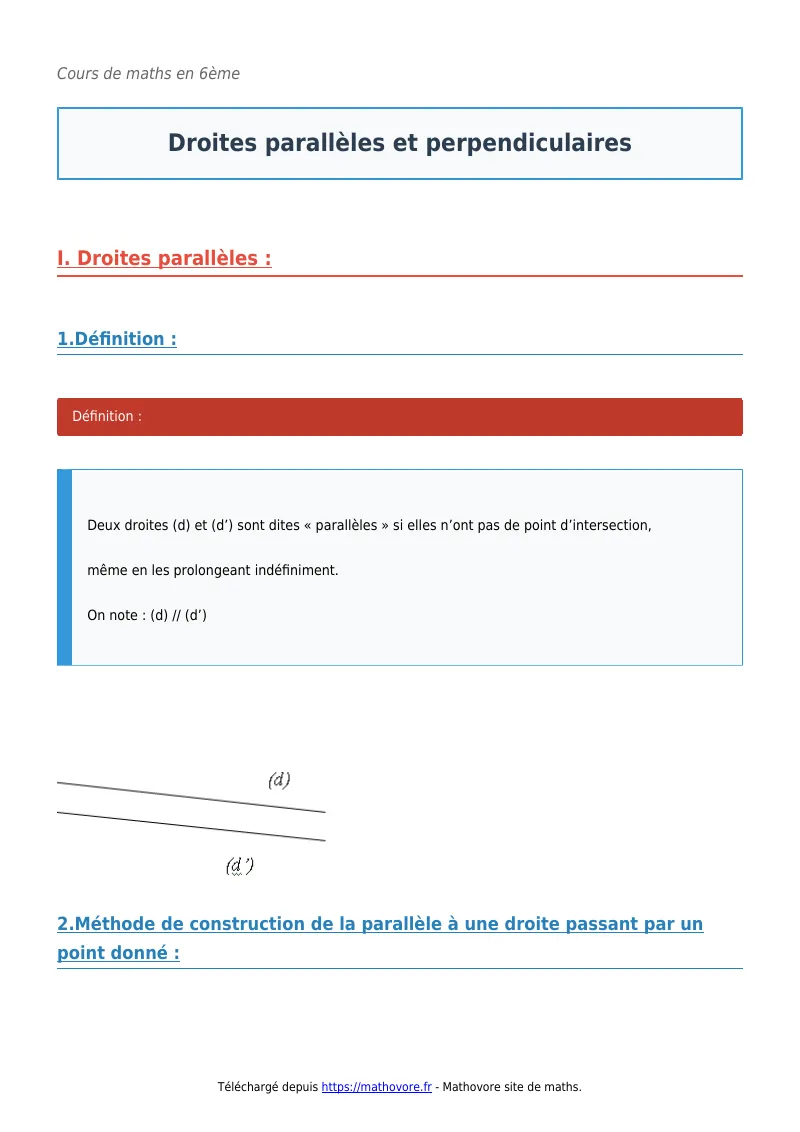 Cours de maths en 6ème : Droites parallèles et perpendiculaires à télécharger en PDF