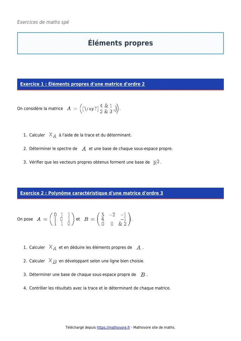 Exercices corrigés de maths en maths spé : Éléments propres à imprimer en PDF