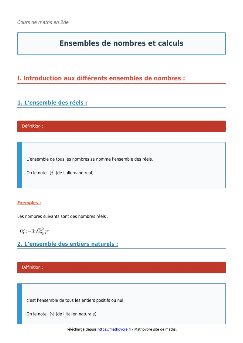 Cours de maths en seconde : Ensembles de nombres et calculs à télécharger en PDF