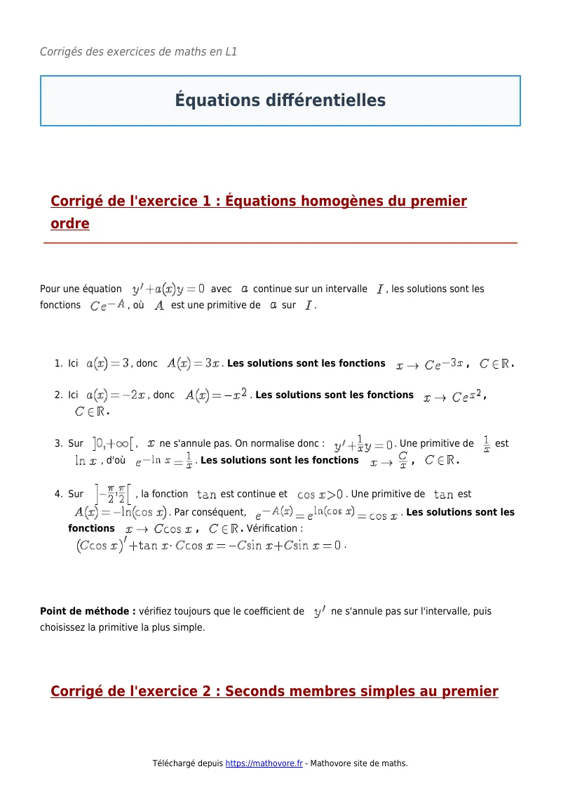 Exercices corrigés de maths en L1 : Équations différentielles à imprimer en PDF