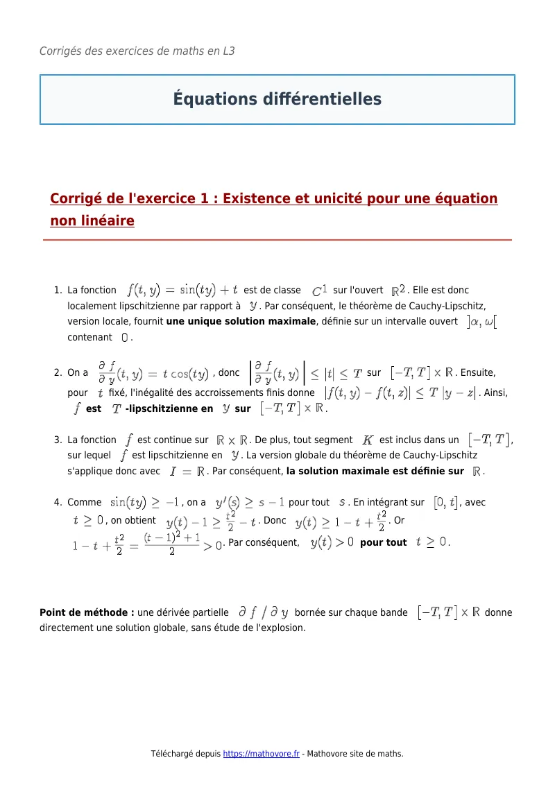 Exercices corrigés de maths en L3 : Équations différentielles à imprimer en PDF