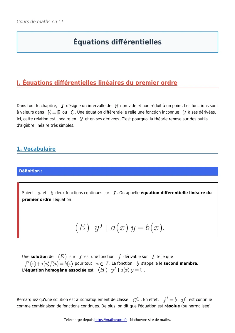 Cours de maths en L1 : Équations différentielles à télécharger en PDF