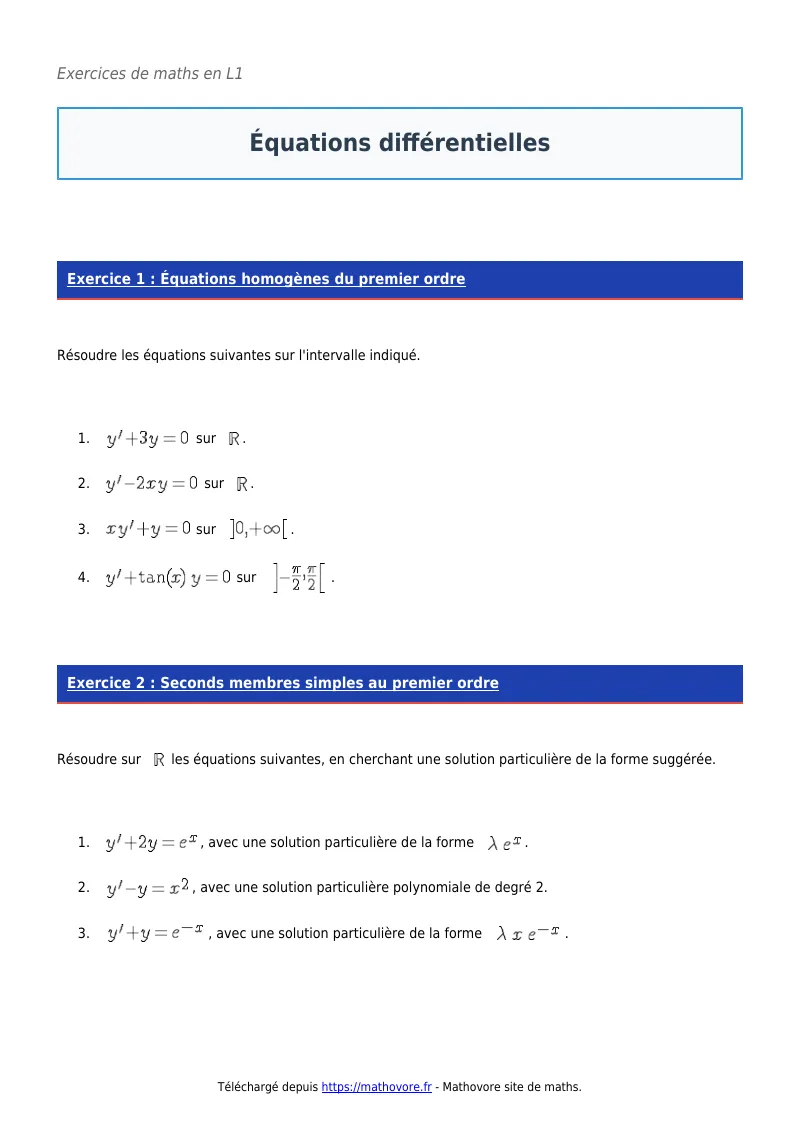 Exercices corrigés de maths en L1 : Équations différentielles à imprimer en PDF
