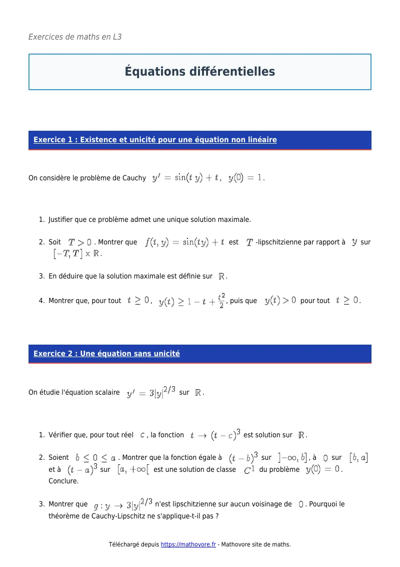 Exercices corrigés de maths en L3 : Équations différentielles à imprimer en PDF