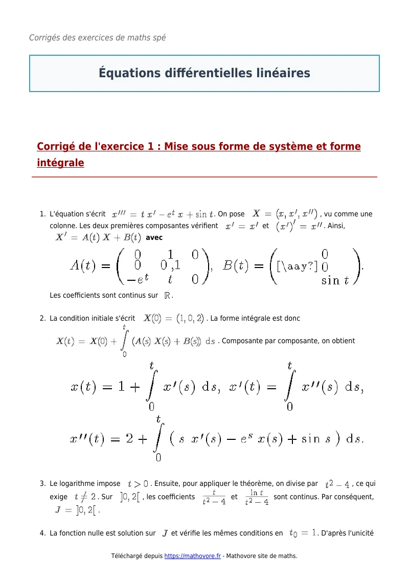 Exercices corrigés de maths en maths spé : Équations différentielles linéaires à imprimer en PDF