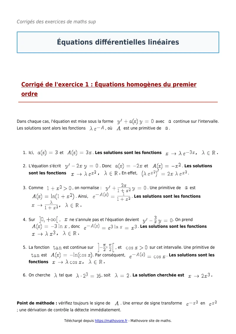 Exercices corrigés de maths en maths sup : Équations différentielles linéaires à imprimer en PDF