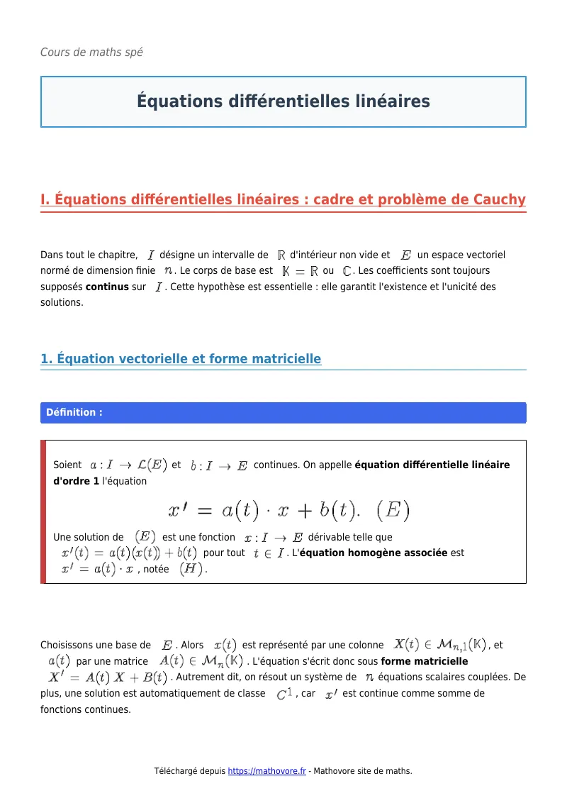 Cours de maths en maths spé : Équations différentielles linéaires à télécharger en PDF