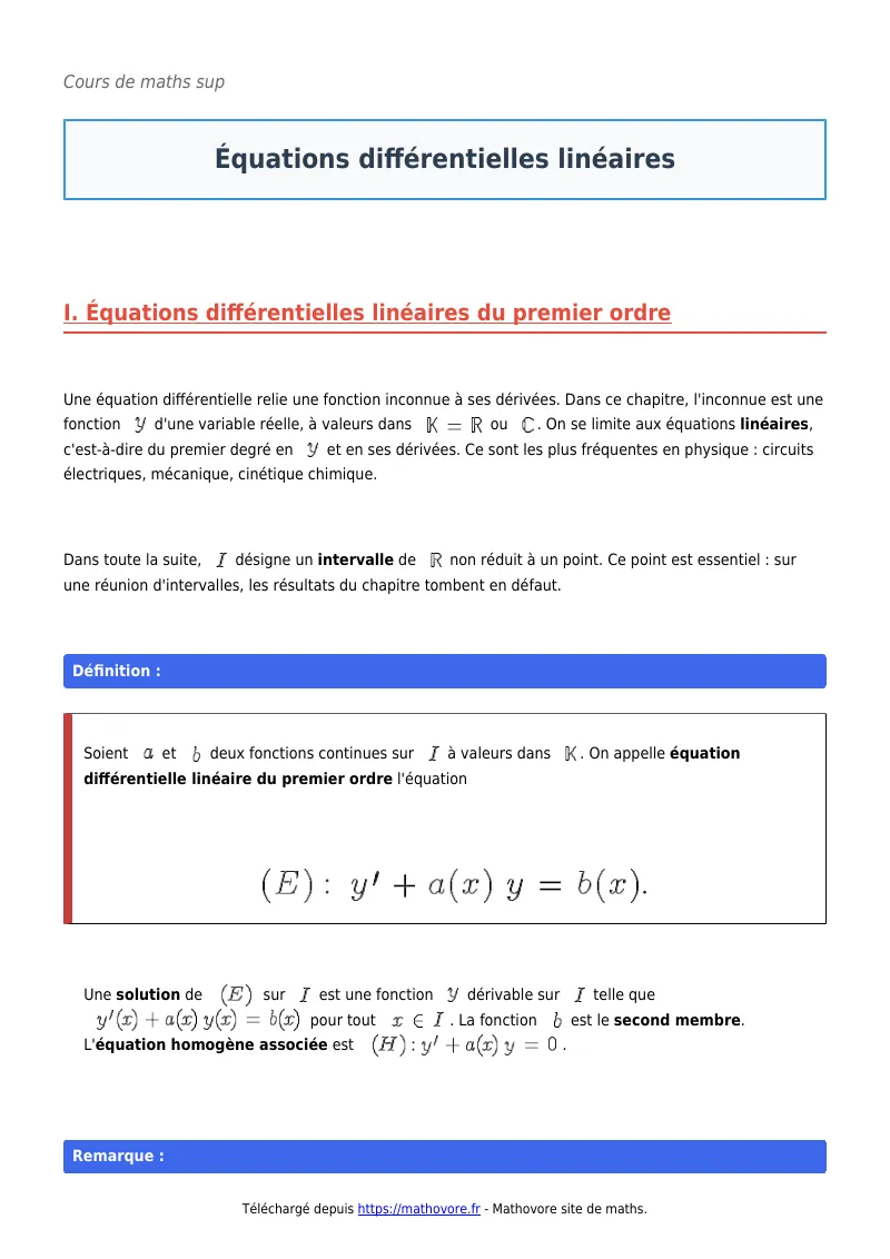 Cours de maths en maths sup : Équations différentielles linéaires à télécharger en PDF