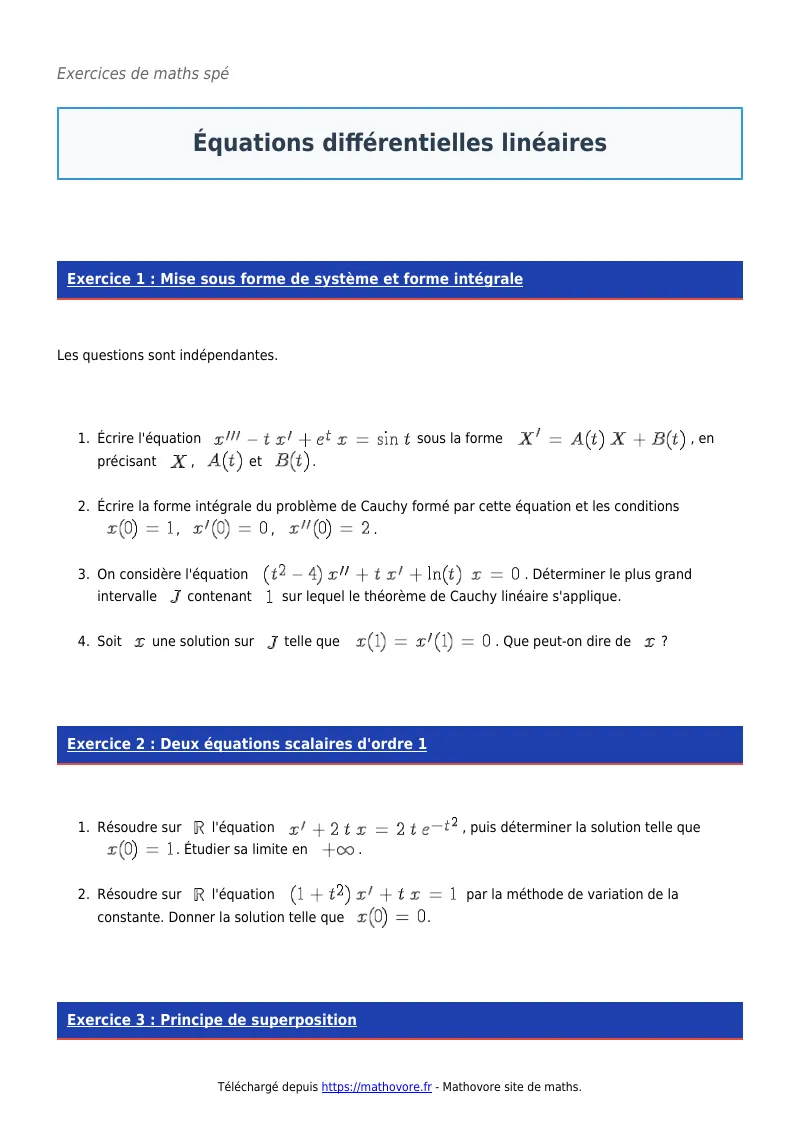 Exercices corrigés de maths en maths spé : Équations différentielles linéaires à imprimer en PDF