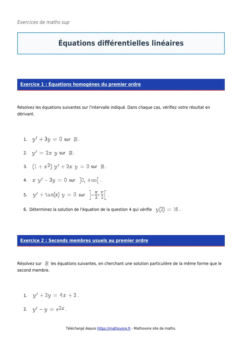 Exercices corrigés de maths en maths sup : Équations différentielles linéaires à imprimer en PDF