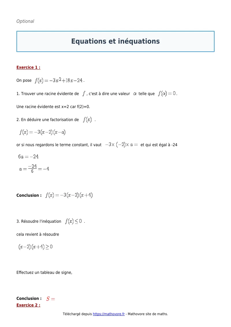 Exercices corrigés de maths en seconde : Equations et inéquations à imprimer en PDF