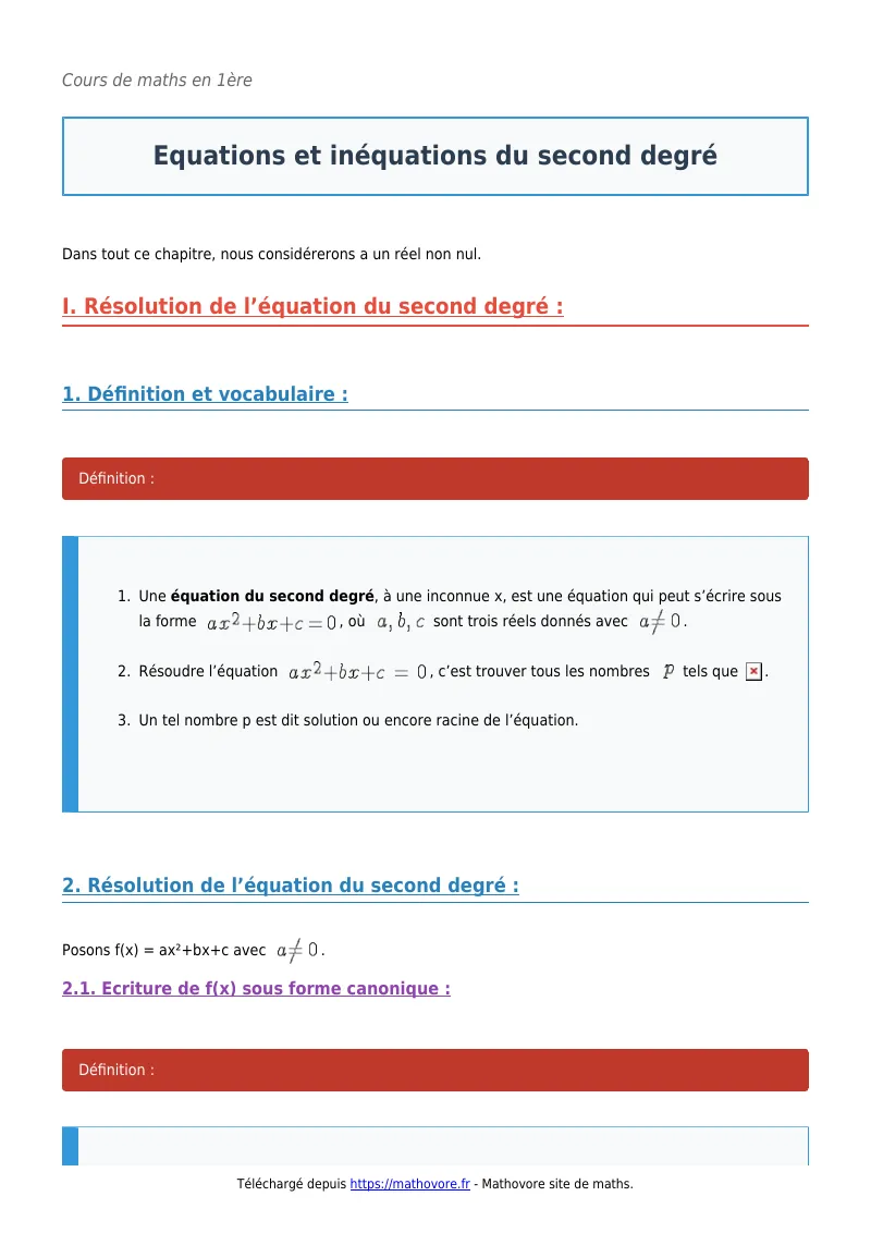 Cours de maths en première : Equations et inéquations du second degré à télécharger en PDF