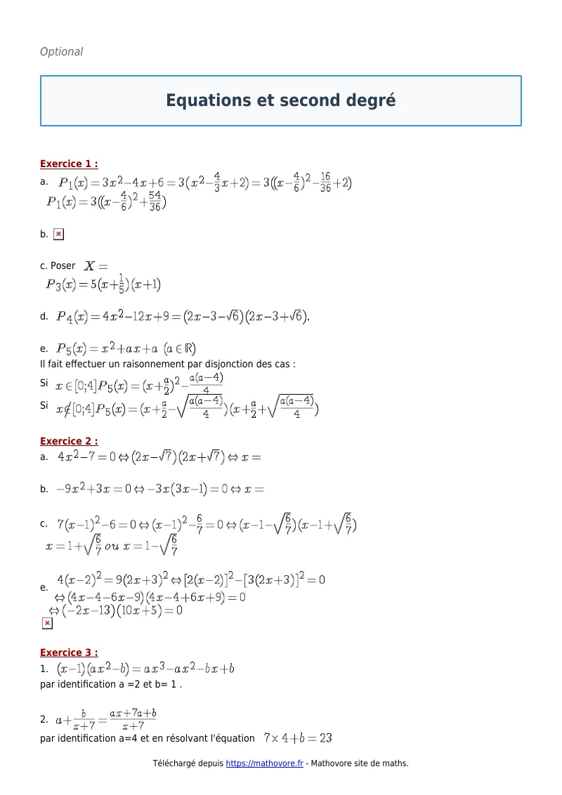 Exercices corrigés de maths en première : Equations et second degré à imprimer en PDF