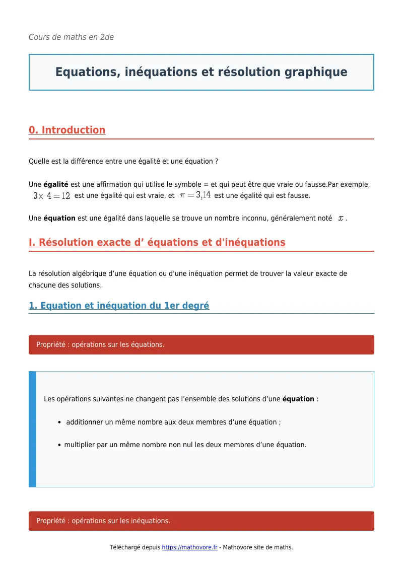 Cours de maths en seconde : Equations, inéquations et résolution graphique à télécharger en PDF