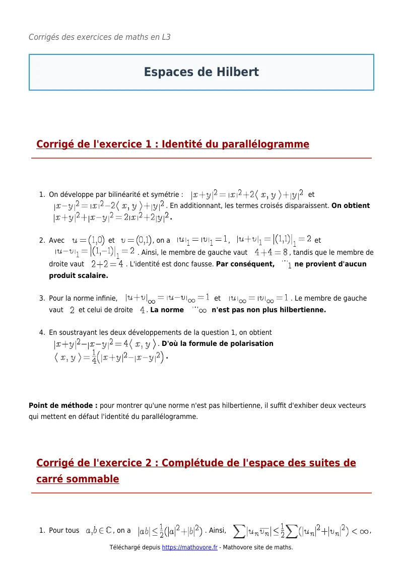 Exercices corrigés de maths en L3 : Espaces de Hilbert à imprimer en PDF