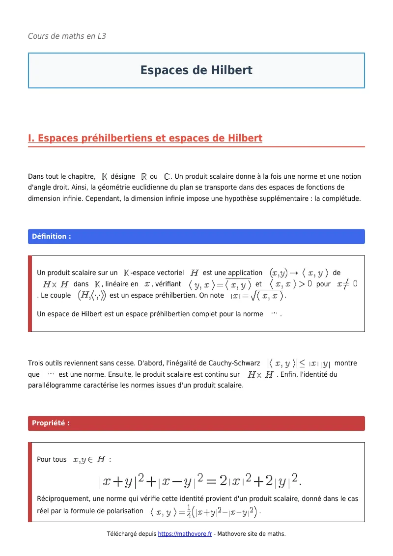 Cours de maths en L3 : Espaces de Hilbert à télécharger en PDF