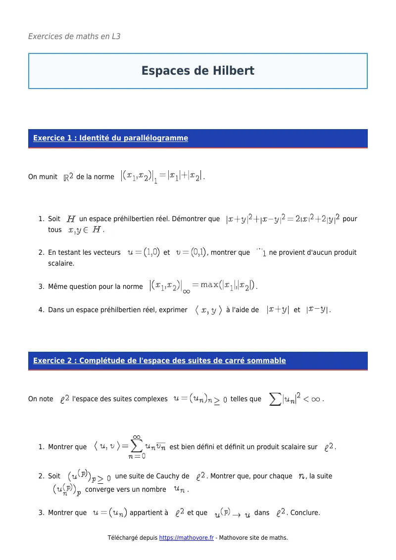 Exercices corrigés de maths en L3 : Espaces de Hilbert à imprimer en PDF