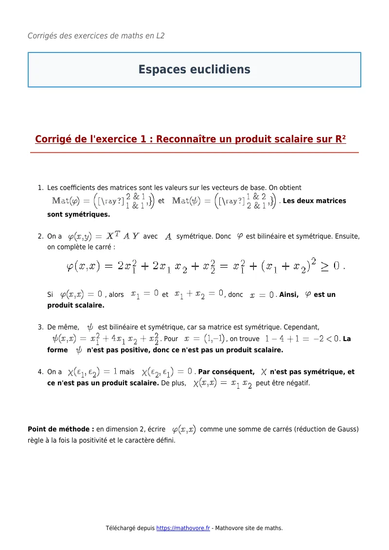 Exercices corrigés de maths en L2 : Espaces euclidiens à imprimer en PDF