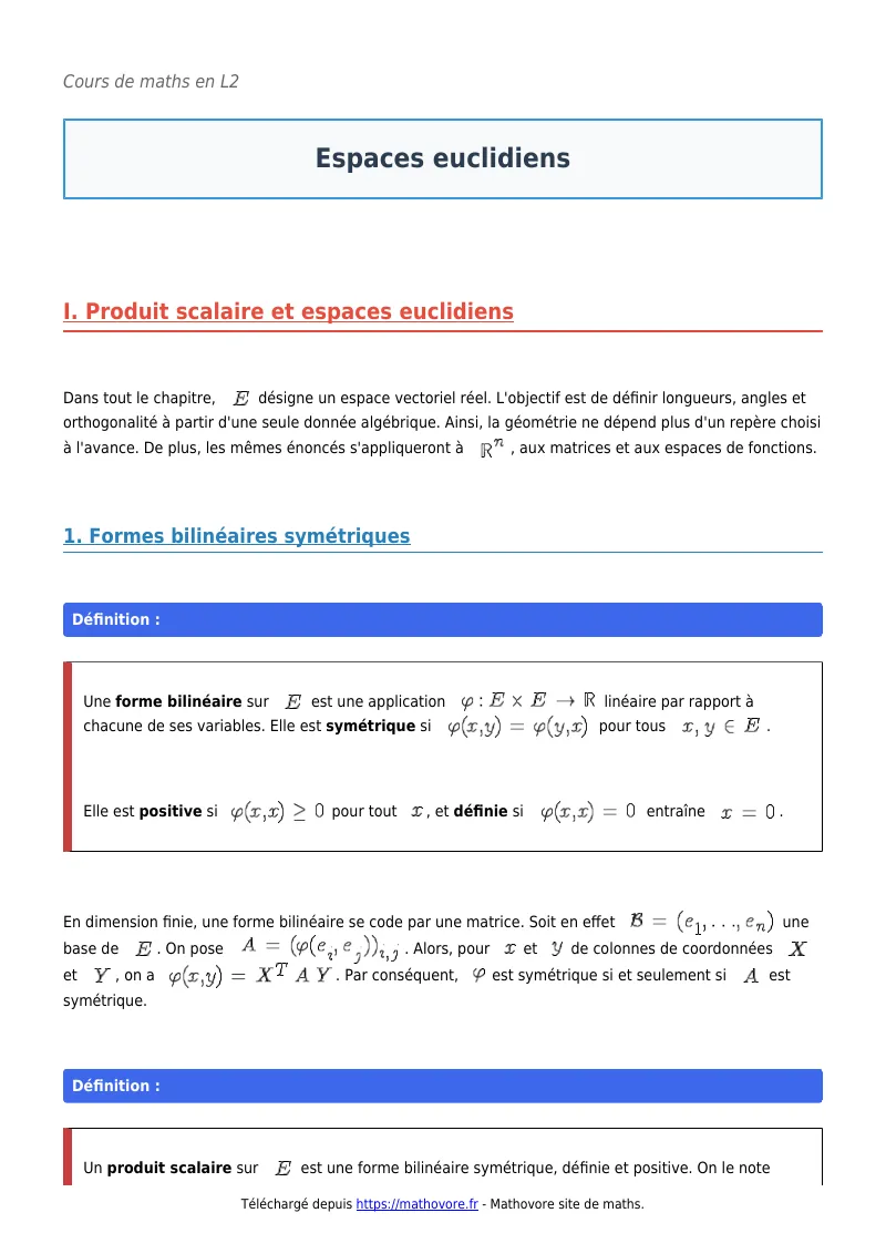 Cours de maths en L2 : Espaces euclidiens à télécharger en PDF