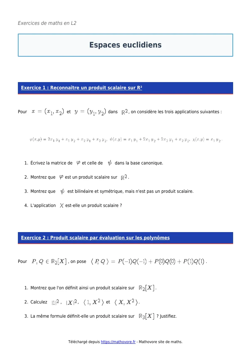 Exercices corrigés de maths en L2 : Espaces euclidiens à imprimer en PDF