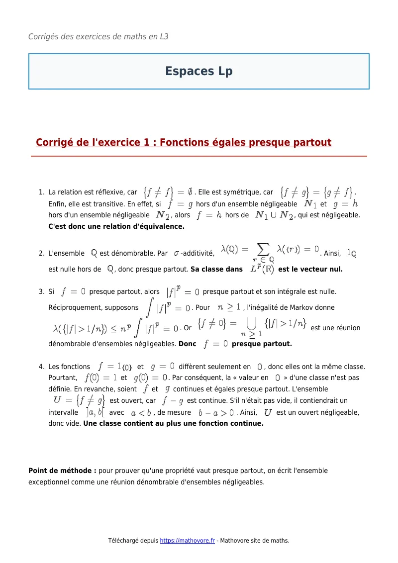 Exercices corrigés de maths en L3 : Espaces Lp à imprimer en PDF