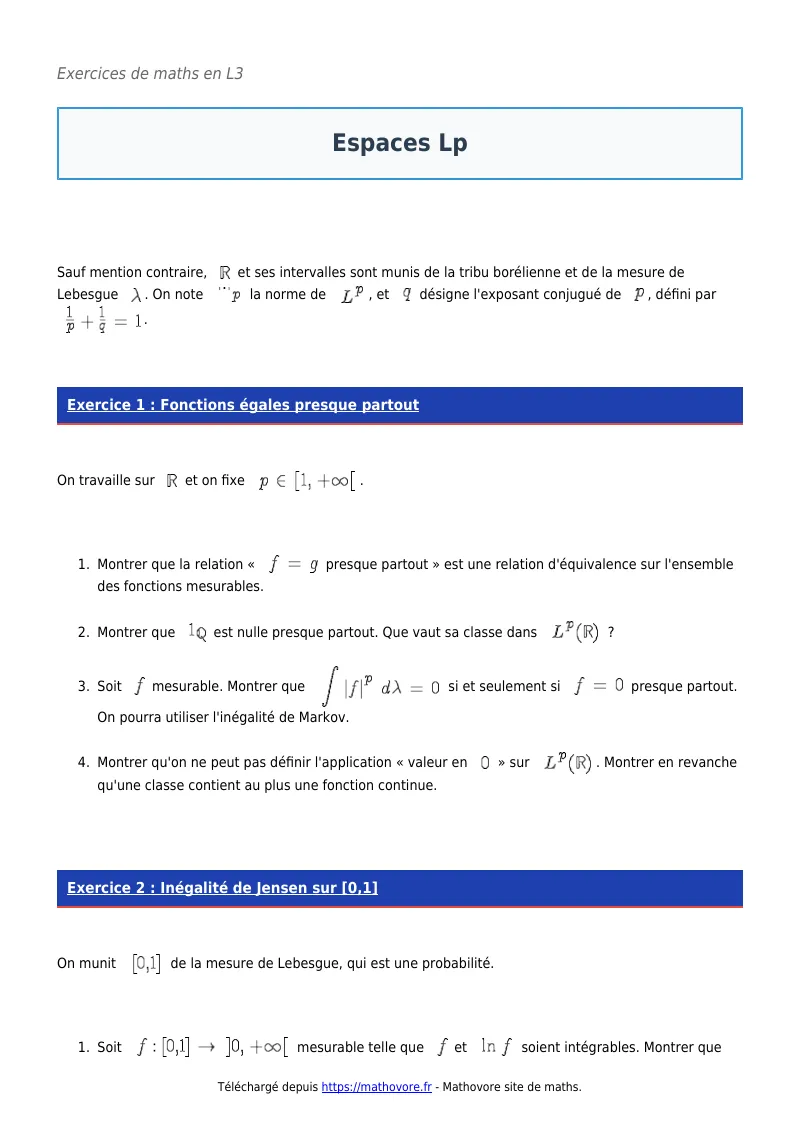 Exercices corrigés de maths en L3 : Espaces Lp à imprimer en PDF