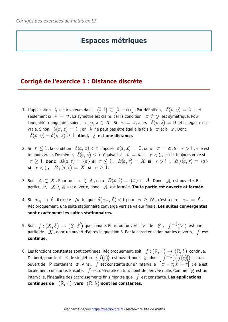 Exercices corrigés de maths en L3 : Espaces métriques à imprimer en PDF