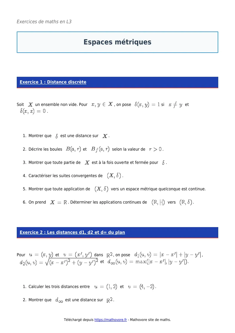 Exercices corrigés de maths en L3 : Espaces métriques à imprimer en PDF