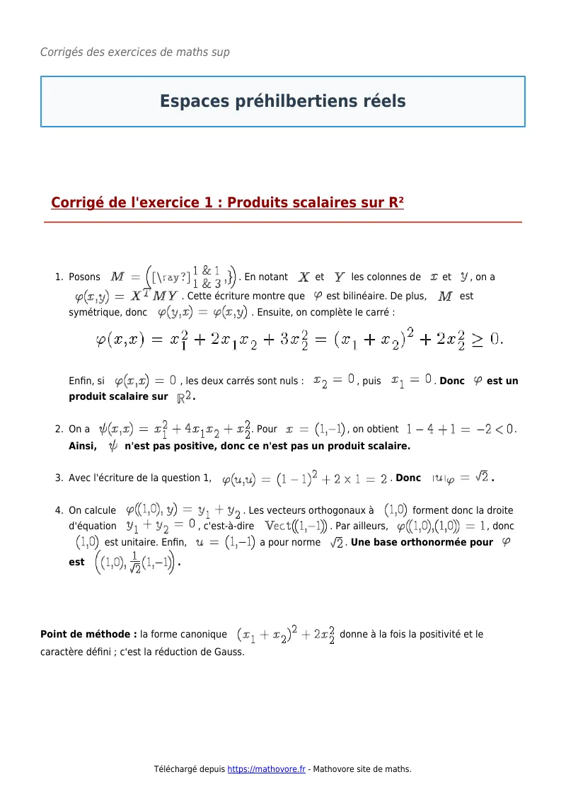 Exercices corrigés de maths en maths sup : Espaces préhilbertiens réels à imprimer en PDF
