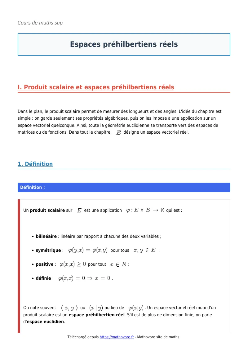 Cours de maths en maths sup : Espaces préhilbertiens réels à télécharger en PDF