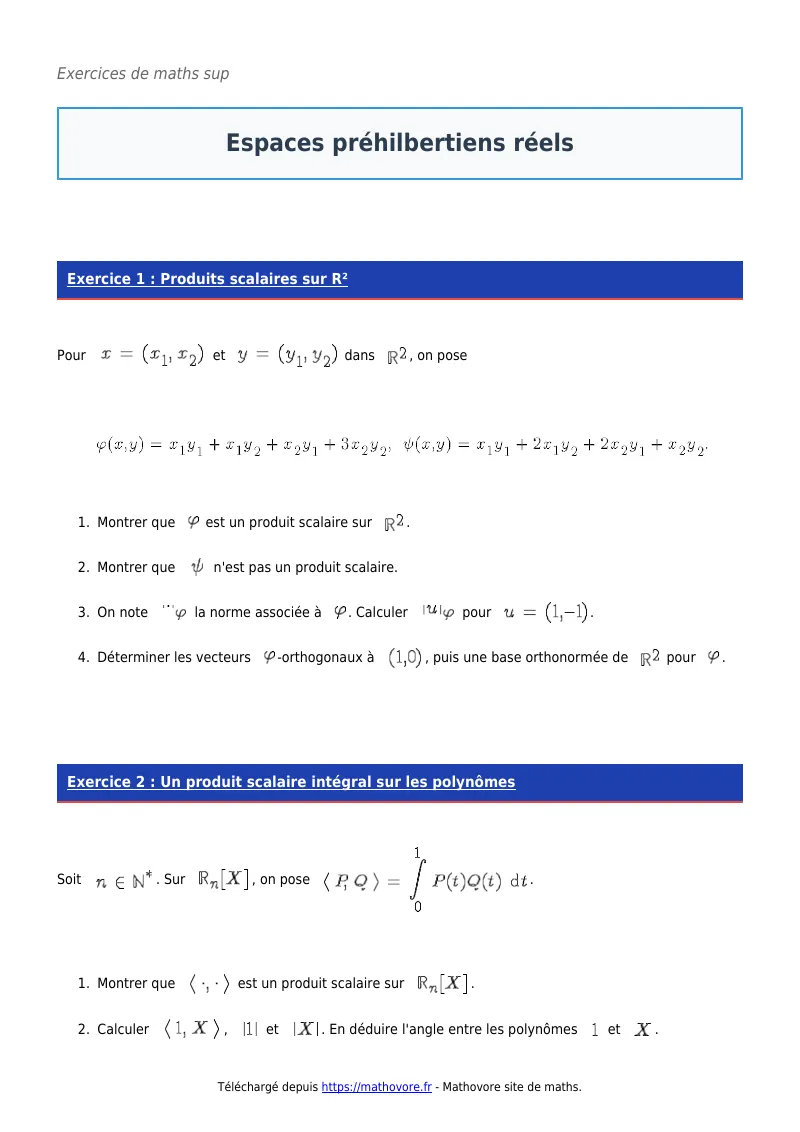 Exercices corrigés de maths en maths sup : Espaces préhilbertiens réels à imprimer en PDF