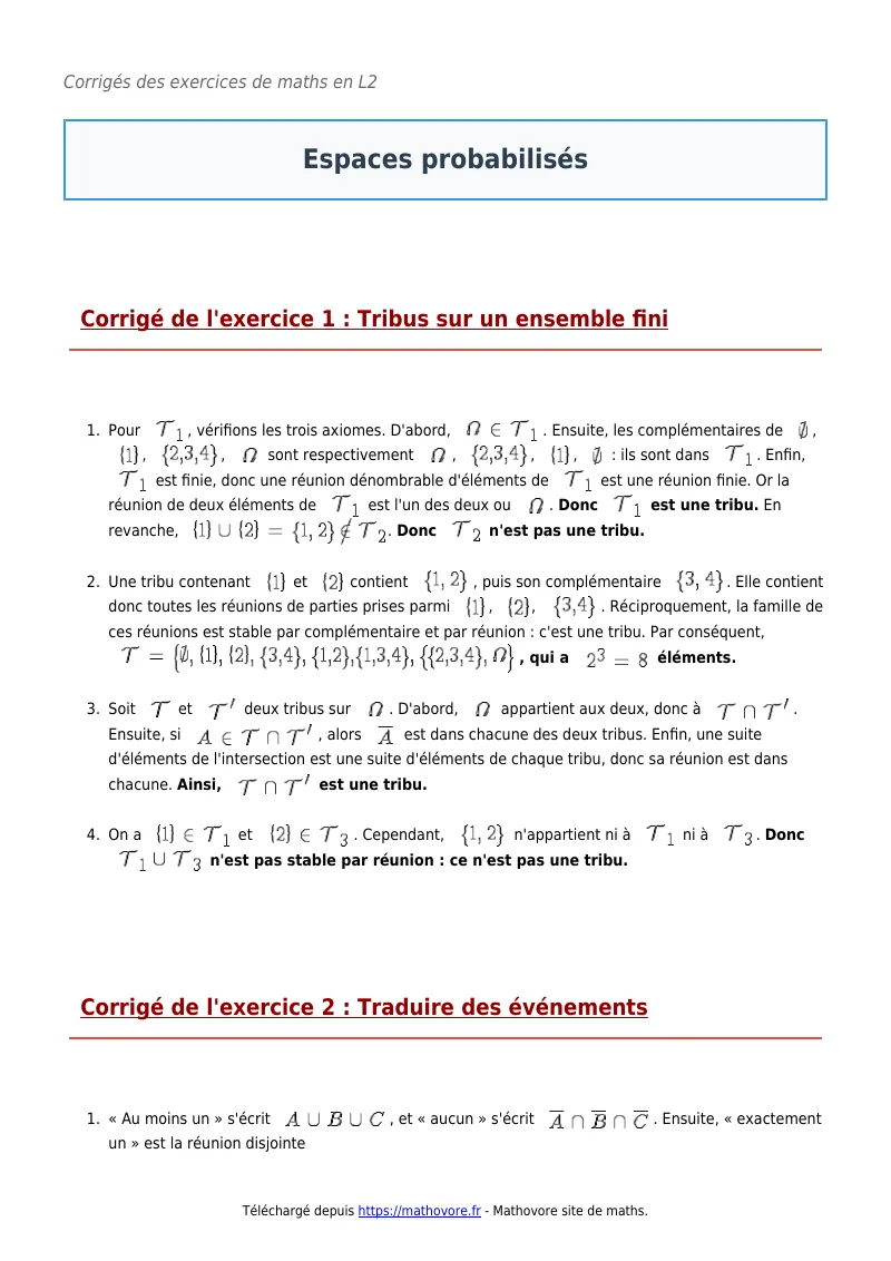 Exercices corrigés de maths en L2 : Espaces probabilisés à imprimer en PDF