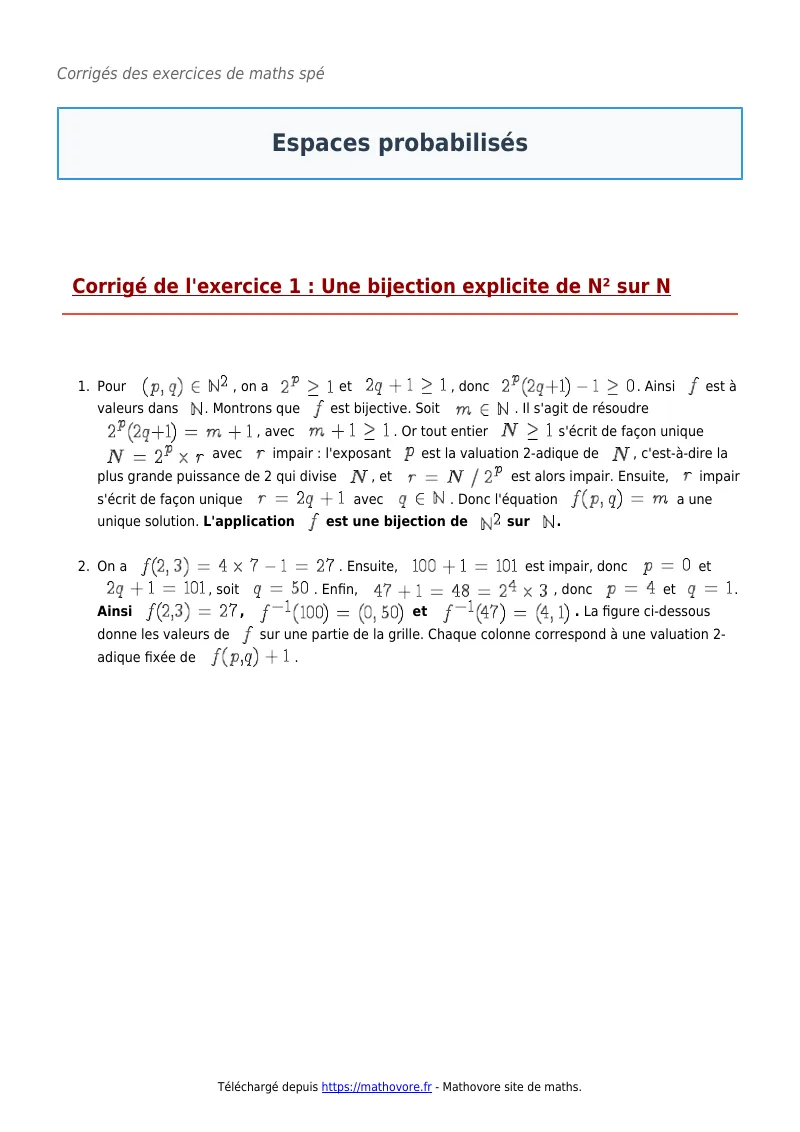 Exercices corrigés de maths en maths spé : Espaces probabilisés à imprimer en PDF