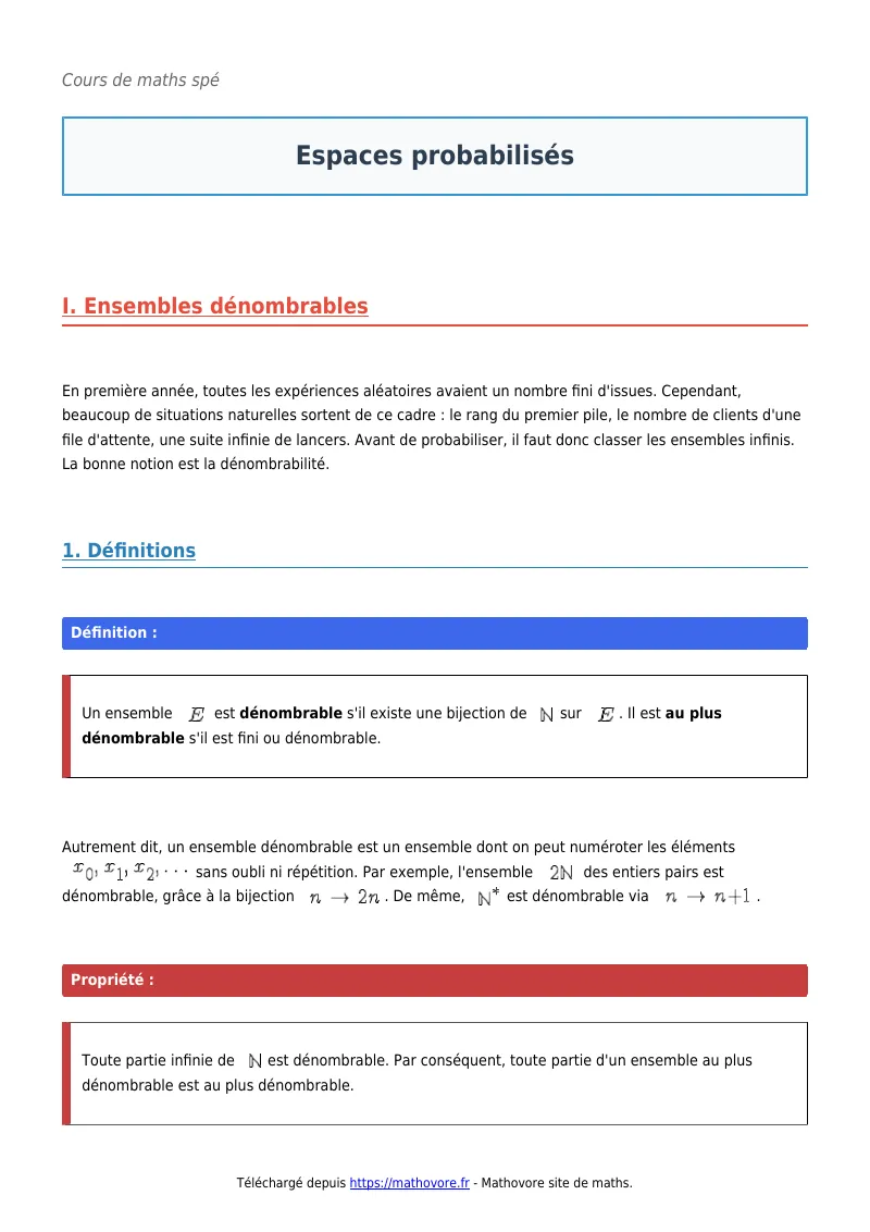Cours de maths en maths spé : Espaces probabilisés à télécharger en PDF
