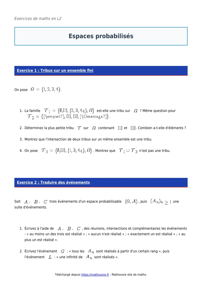Exercices corrigés de maths en L2 : Espaces probabilisés à imprimer en PDF