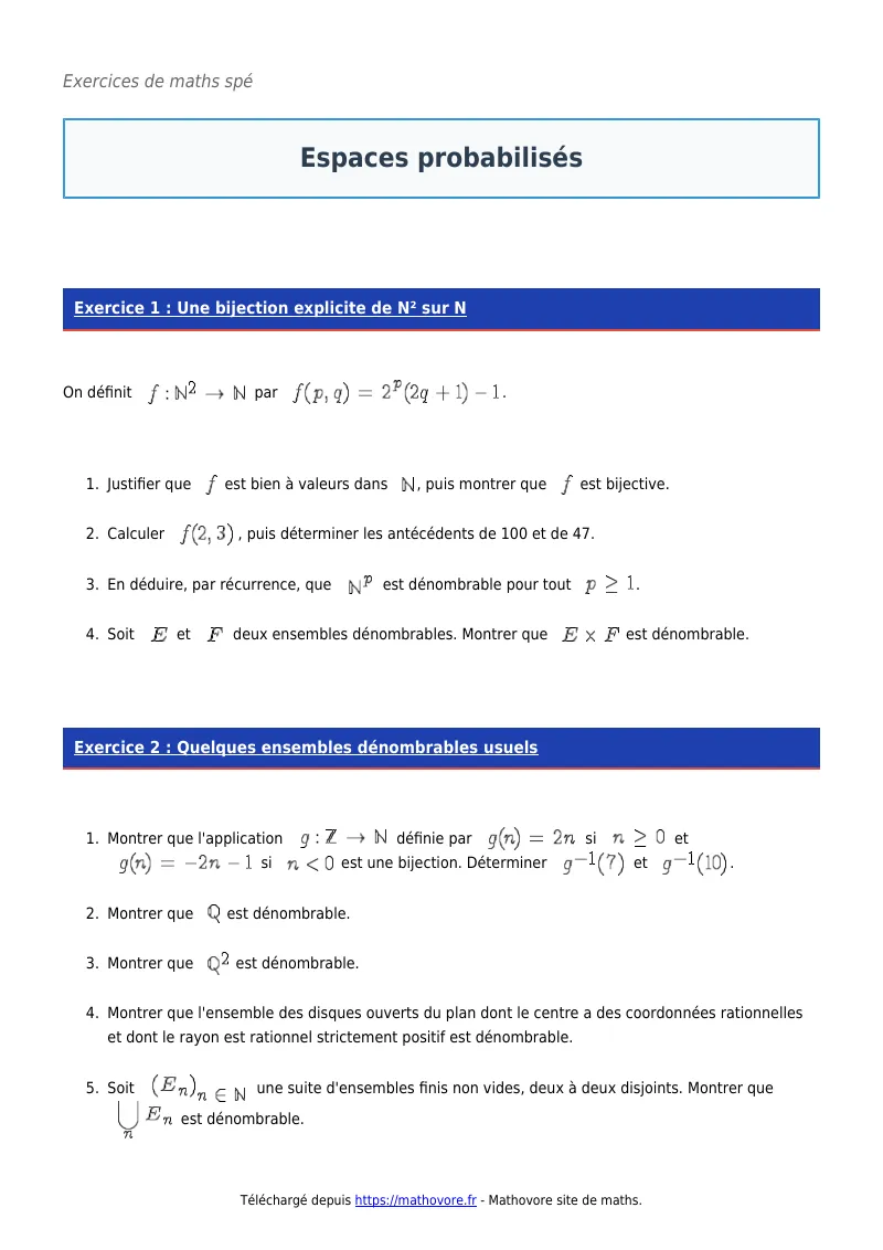 Exercices corrigés de maths en maths spé : Espaces probabilisés à imprimer en PDF