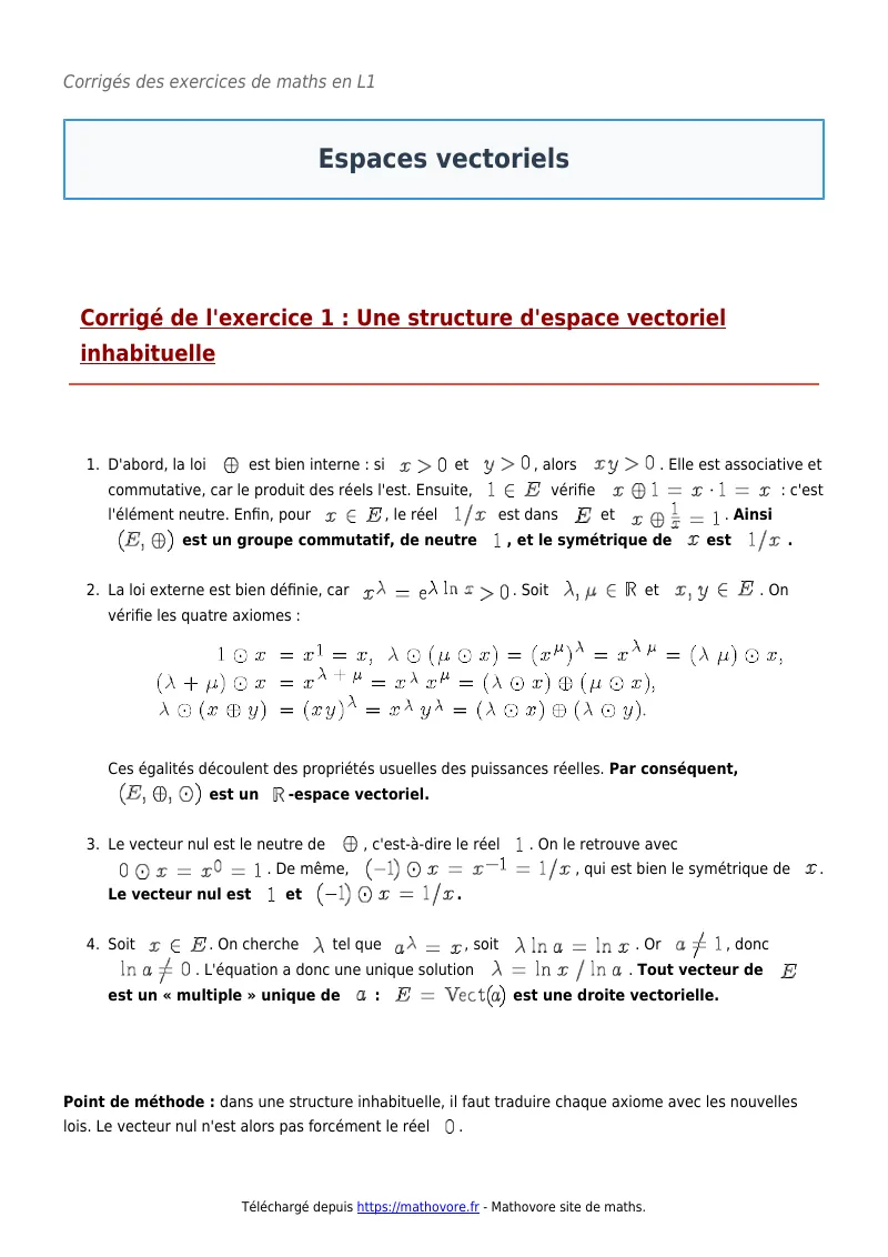 Exercices corrigés de maths en L1 : Espaces vectoriels à imprimer en PDF