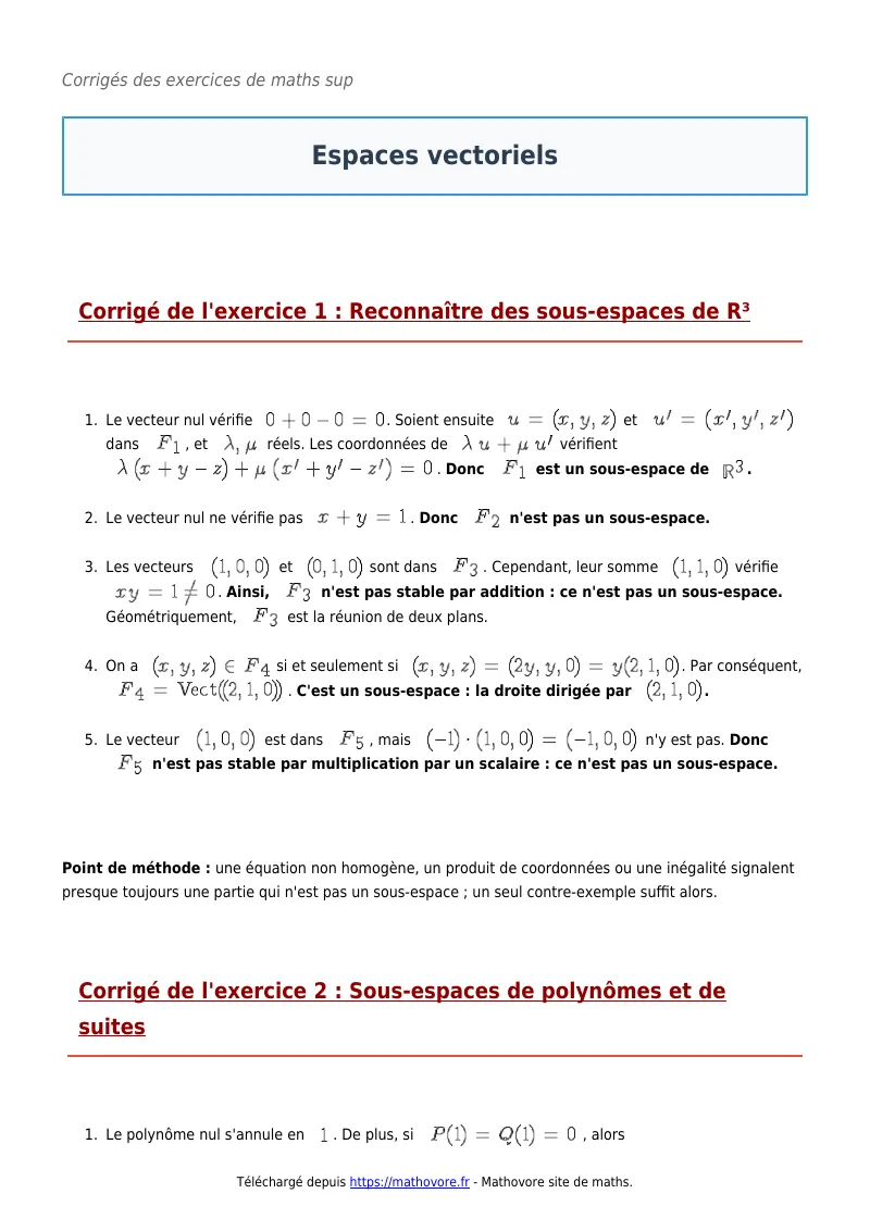 Exercices corrigés de maths en maths sup : Espaces vectoriels à imprimer en PDF
