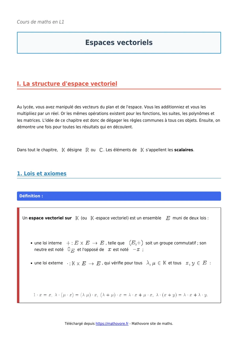 Cours de maths en L1 : Espaces vectoriels à télécharger en PDF