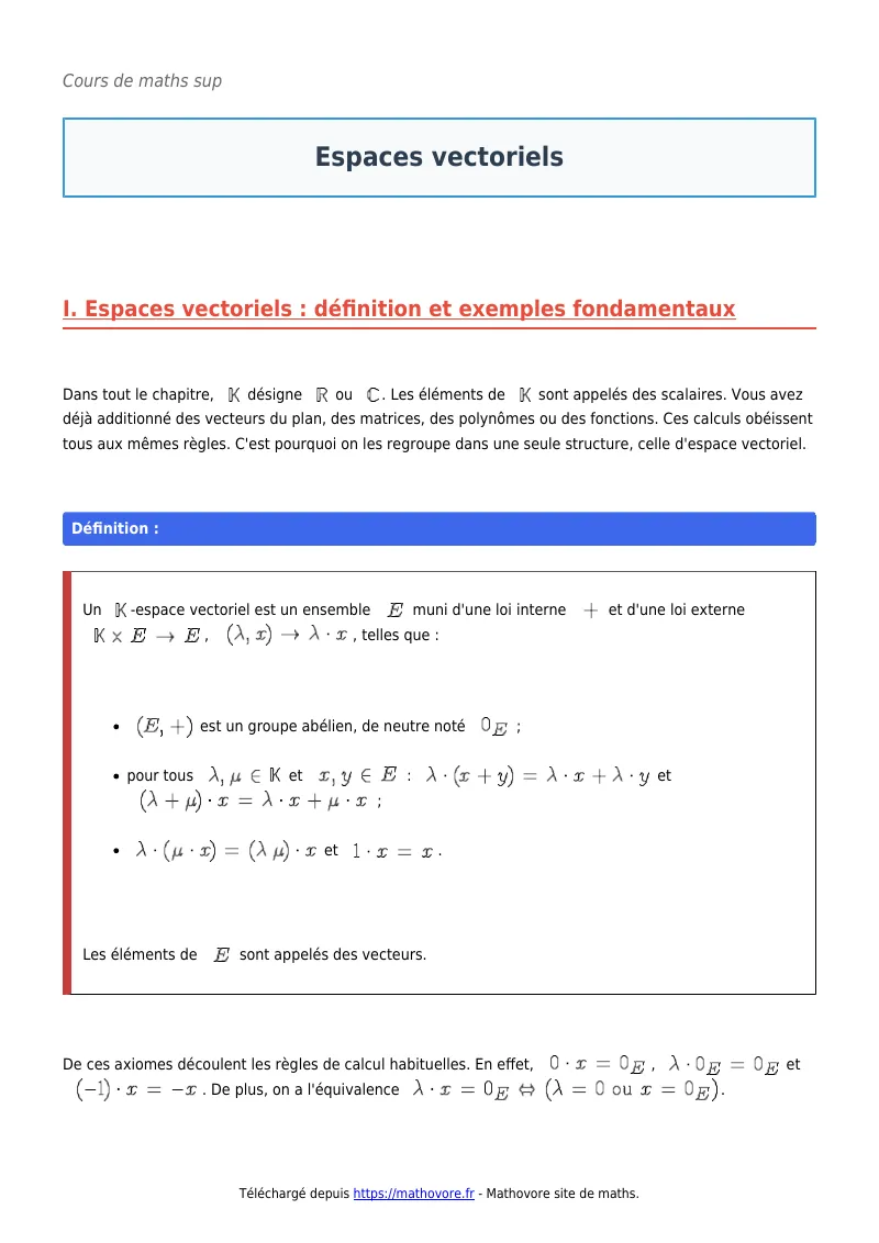 Cours de maths en maths sup : Espaces vectoriels à télécharger en PDF
