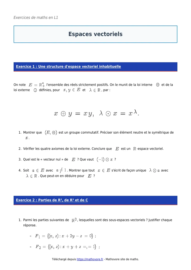 Exercices corrigés de maths en L1 : Espaces vectoriels à imprimer en PDF
