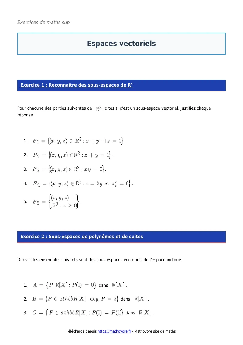 Exercices corrigés de maths en maths sup : Espaces vectoriels à imprimer en PDF