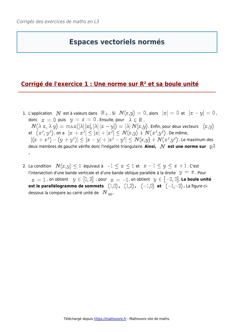 Exercices corrigés de maths en L3 : Espaces vectoriels normés à imprimer en PDF