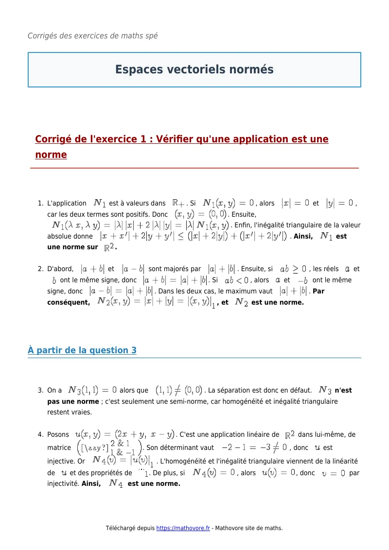 Exercices corrigés de maths en maths spé : Espaces vectoriels normés à imprimer en PDF