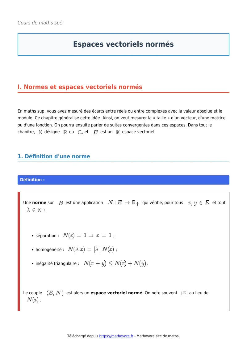 Cours de maths en maths spé : Espaces vectoriels normés à télécharger en PDF