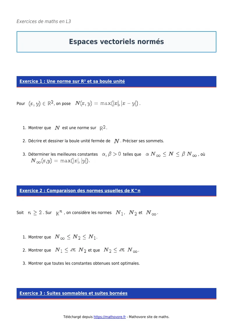 Exercices corrigés de maths en L3 : Espaces vectoriels normés à imprimer en PDF