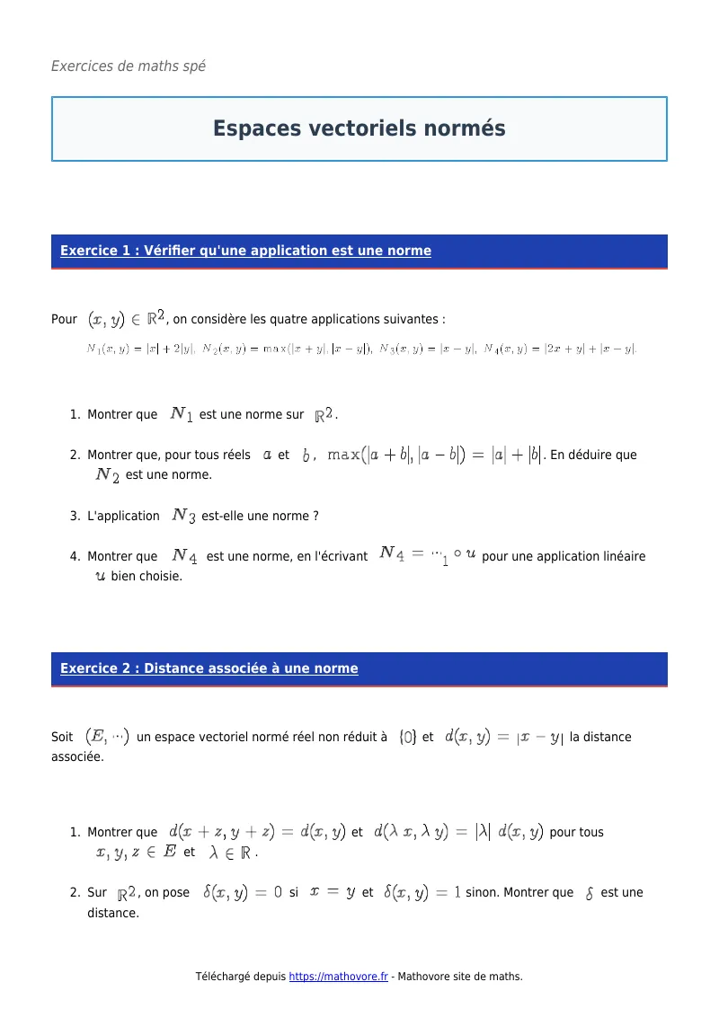 Exercices corrigés de maths en maths spé : Espaces vectoriels normés à imprimer en PDF
