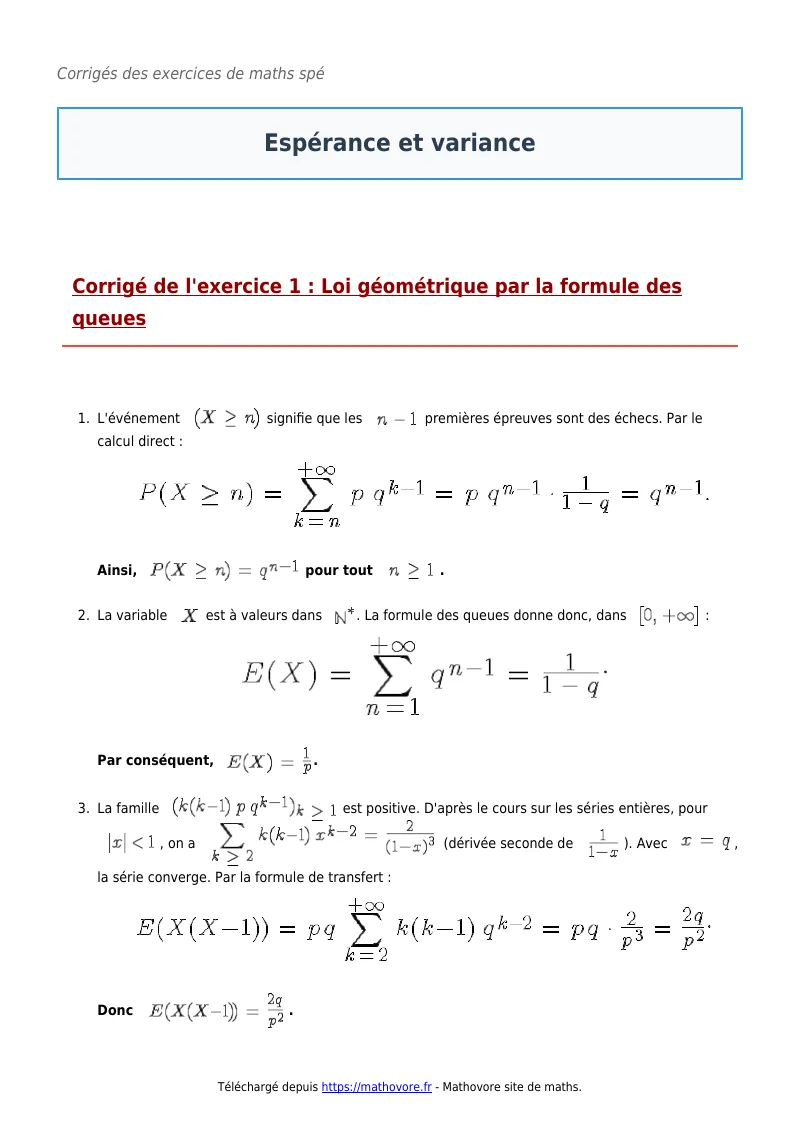Exercices corrigés de maths en maths spé : Espérance et variance à imprimer en PDF