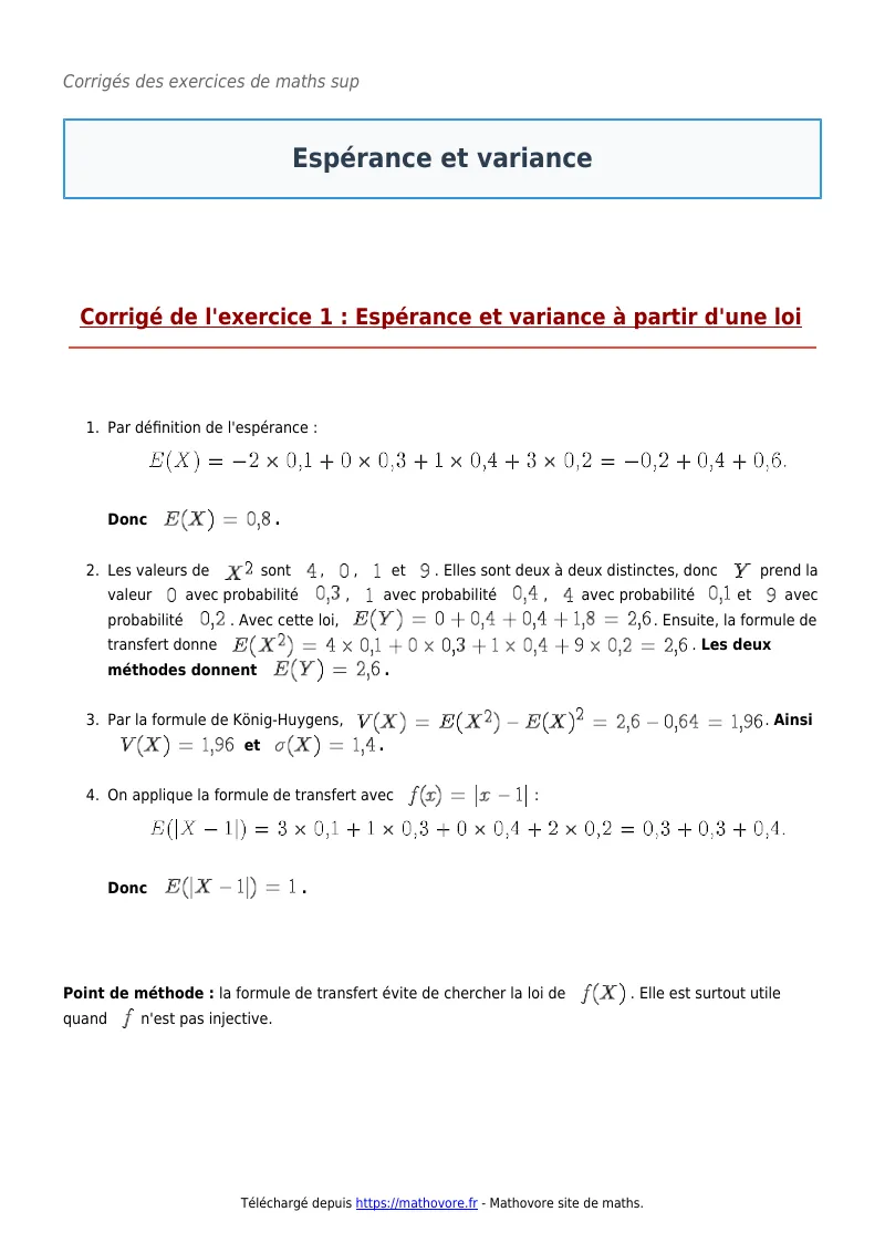 Exercices corrigés de maths en maths sup : Espérance et variance à imprimer en PDF